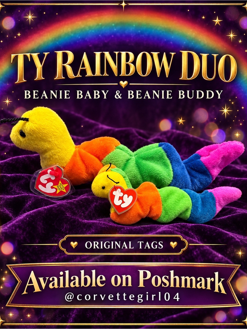 TY Rainbow Duo Plush Caterpillars - Yellow, Orange, Green, Blue, Pink